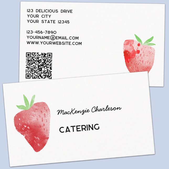Strawberry Watercolor Catering Services QR Code Business Card (Fresh strawberry watercolor catering chef cook business card with QR code)