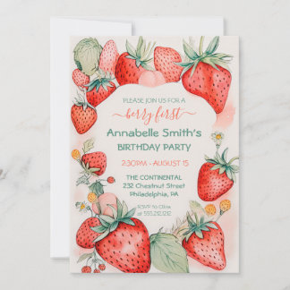 Strawberry Watercolor Cute Berry First Birthday Invitation