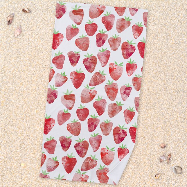 Strawberry Watercolor Fruit Beach Towel (Fresh Strawberry fruit watercolor pattern beach towel)