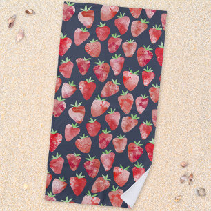 Strawberry Watercolor Fruit Dark Beach Towel