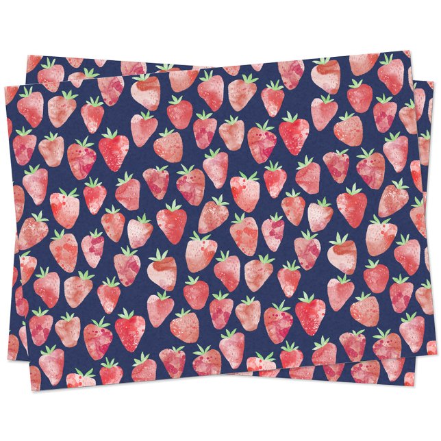 Strawberry Watercolor Navy Blue Tissue Paper (Watercolor strawberry pattern on a dark navy blue background on tissue paper)