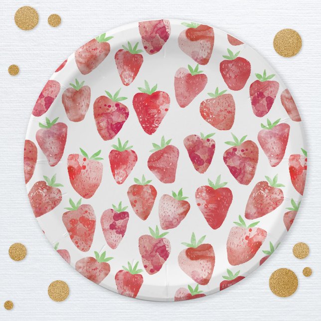 Strawberry Watercolor Pattern Paper Plate (Watercolor strawberry pattern party paper plate)