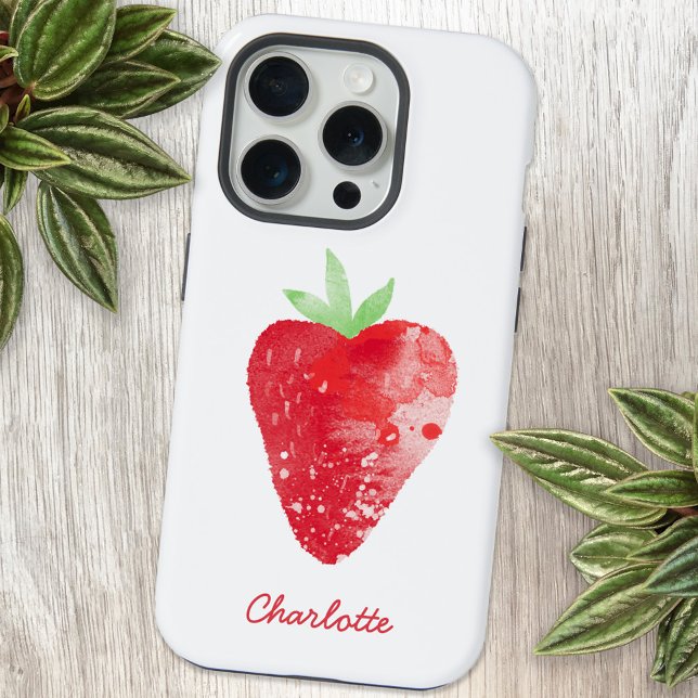 Strawberry Watercolor Personalized iPhone Case (Personalized script name watercolor strawberry art cell phone case)
