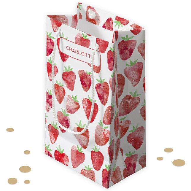 Strawberry Watercolor Personalized Small Gift Bag (Sweet strawberry watercolor pattern personalized name gift bag)