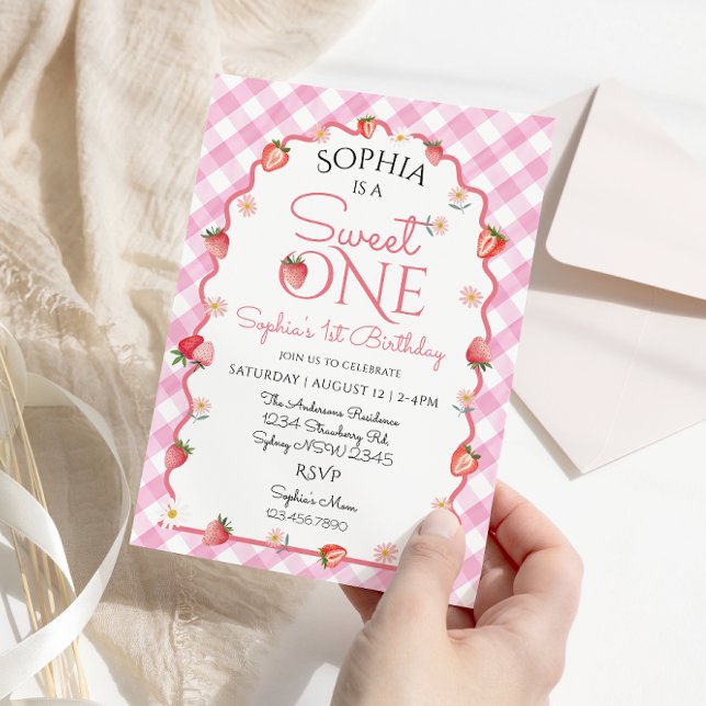 Strawberry Wavy Sweet One First Birthday  Invitation (Creator Uploaded)
