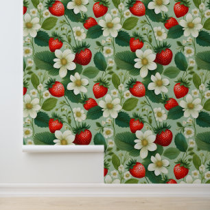 Strawberry White Blossoms Watercolor Spring Floral Wallpaper