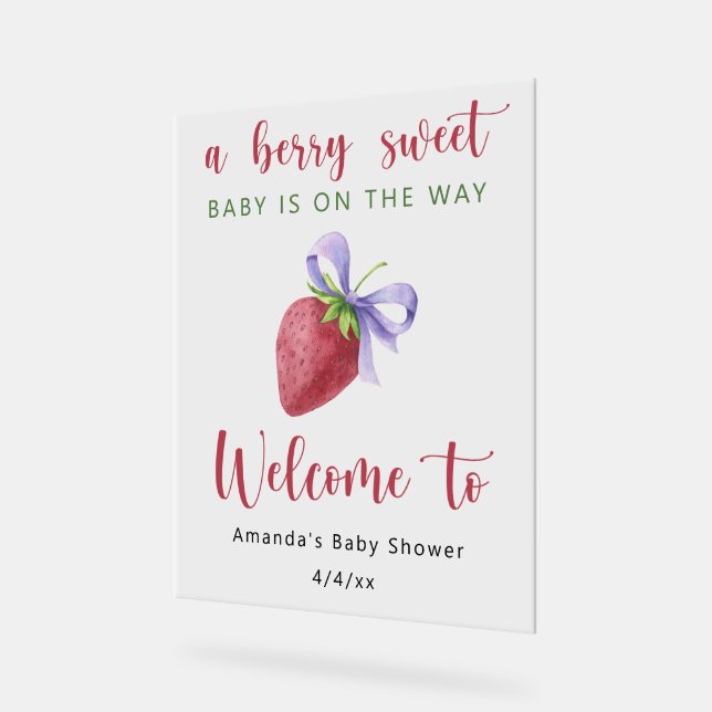 Strawberry with a bow baby shower acrylic sign (Angle)