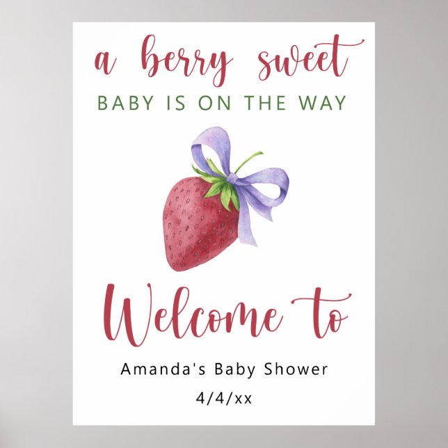 Strawberry with a bow baby shower poster (Front)