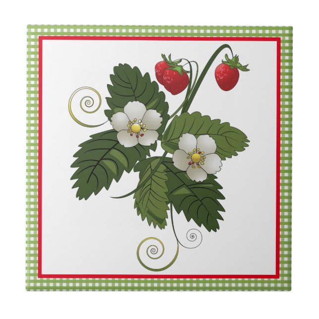 Strawberry with Gingham Kitchen Decorative Tile (Front)