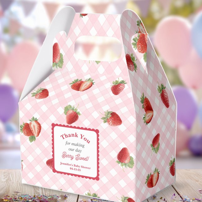 Strawberry with pink Gingham-Baby Girl Shower Favor Box (Strawberry with pink gingham pattern-Berry Sweet Baby Girl Shower favor box.)