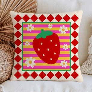 Strawberry with White Daisies Dopamine Aesthetic Throw Pillow