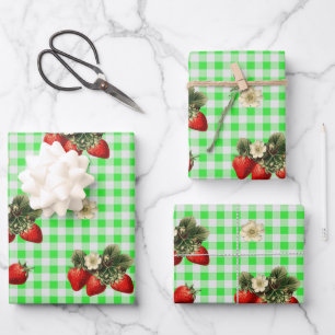 Strawberry wrapping paper on green gingham