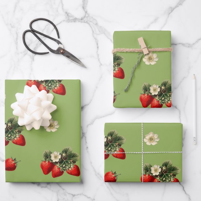 Strawberry wrapping paper on moss green (Front)
