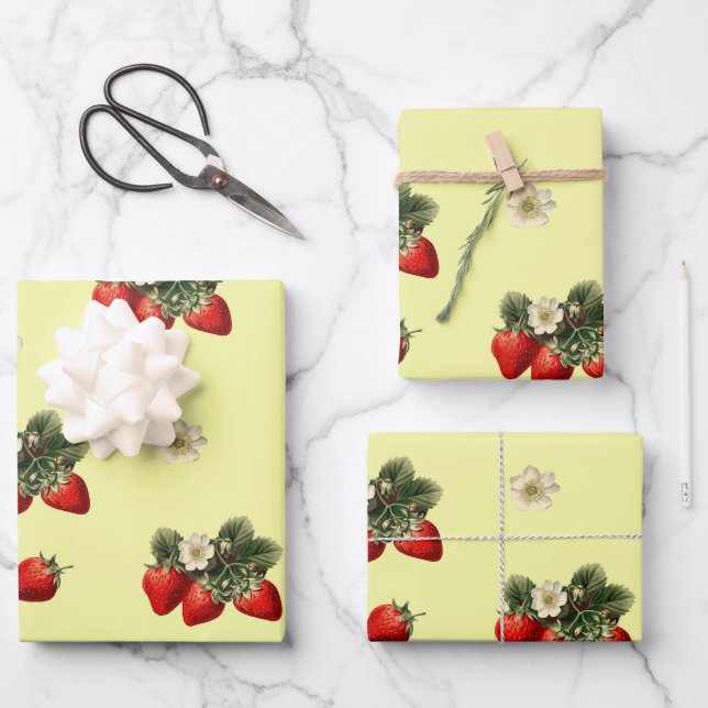 Strawberry wrapping paper with blossoms on yellow (Front)
