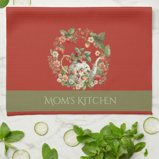 Strawberry Wreath and Tea Pot Mom's Kitchen Kitchen Towel (Folded)