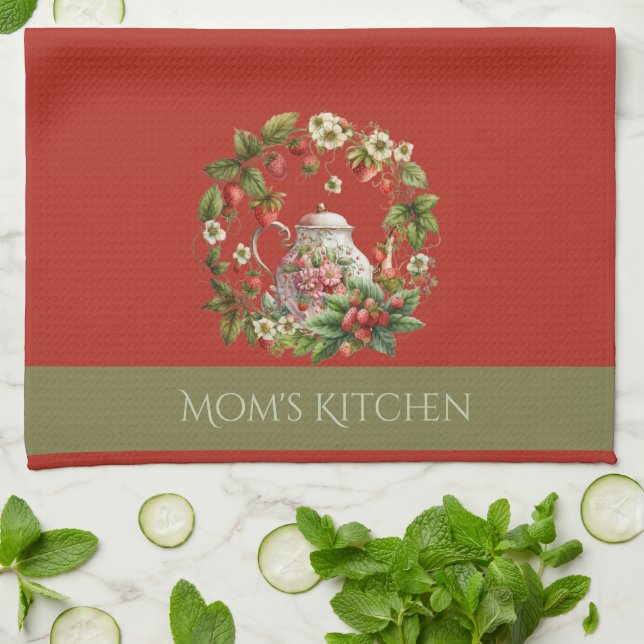 Strawberry Wreath and Tea Pot Mom's Kitchen Towel (Folded)