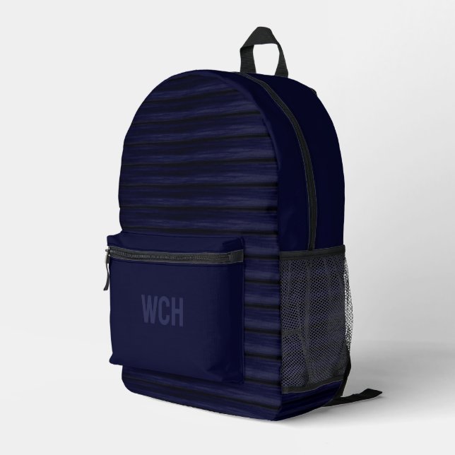 Streaky Royal Blue and Black Stripe and Name Printed Backpack (Back Corner Right)
