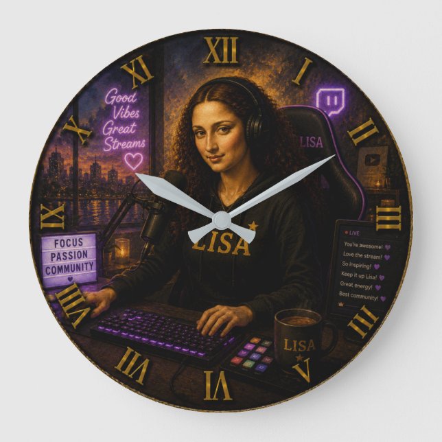 Streamer Funny Mona Lisa Gamer & Twitch Creator  Large Clock (Front)