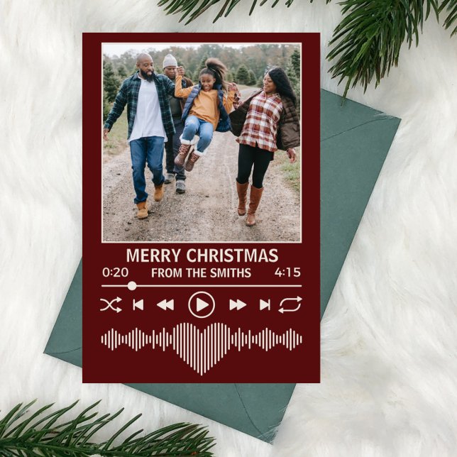 Streaming Music Red Player Photo Christmas Holiday Card (streaming music themed holiday christmas card red with place for family photo as the album art)