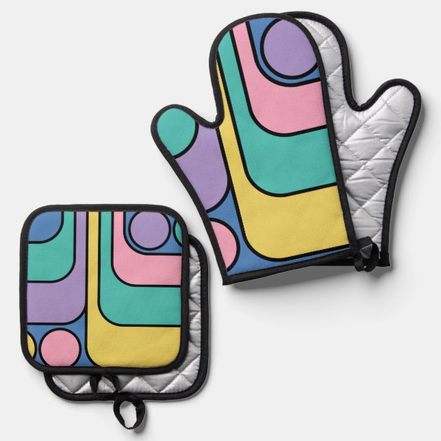 Streamline Moderne Retro Style Geometric Design Oven Mitt & Pot Holder Set (Front/Back)
