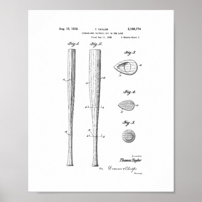 Streamlined Baseball Bat Or The Like Patent Poster (Front)