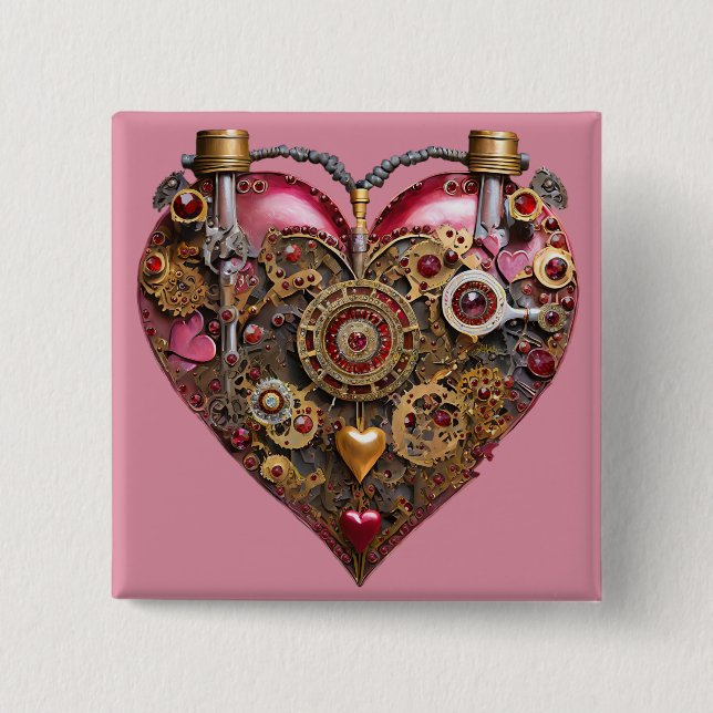 Streampunk Heart Ruby Valentine 2 Inch Square Button (Front)