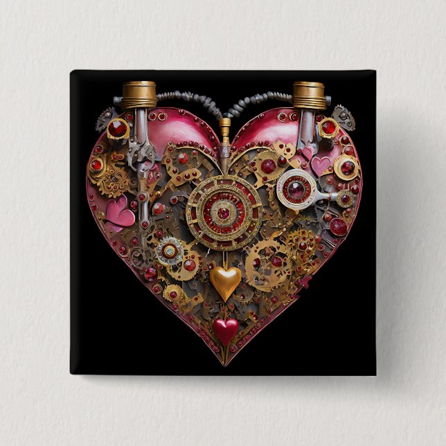 Streampunk Heart Ruby Valentine 2 Inch Square Button (Front)