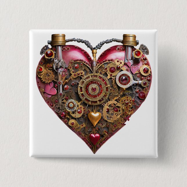 Streampunk Heart Ruby Valentine 2 Inch Square Button (Front)