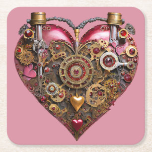 Streampunk Heart Ruby Valentine Square Paper Coaster