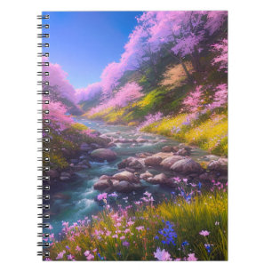 Stream's Descent Through Cherry Blossom Hill Notebook