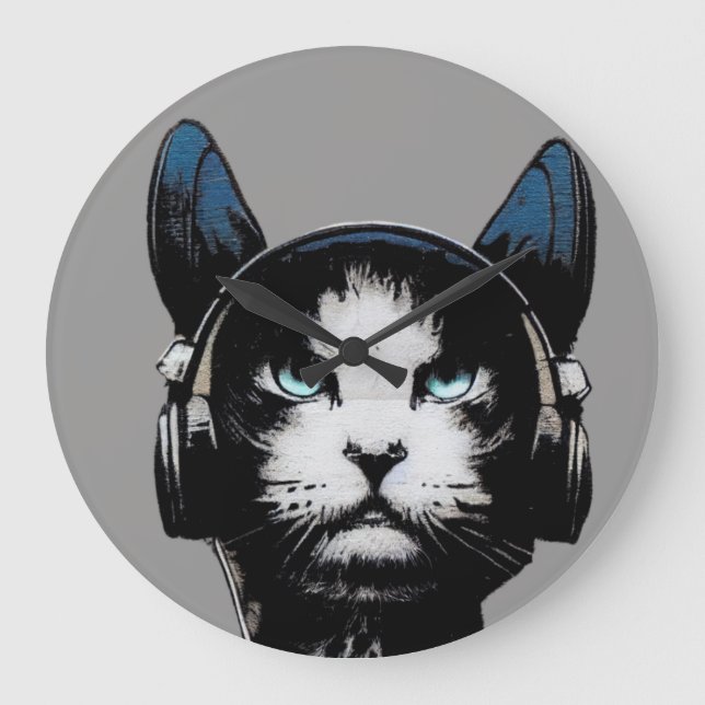 Street Art Cat With Headphones Clock (Front)