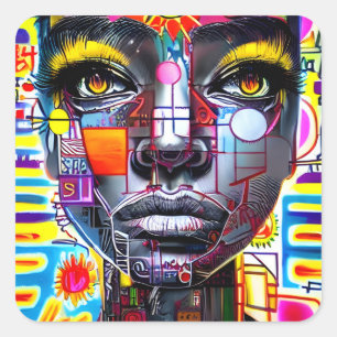Street Art Silver Woman Face Colourful background  Square Sticker