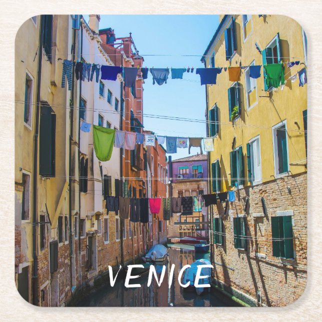 Street in Venice with laundry washed clothes Italy Square Paper Coaster (Front)