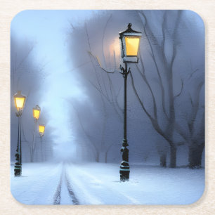 Street Lamps Glowing In Winter Wonderland Square Paper Coaster