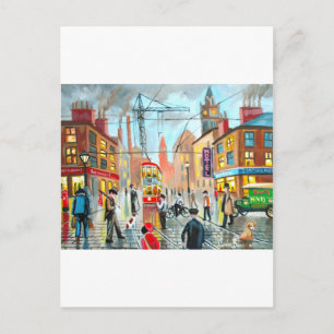 Street Life busy nostalgic tram city scape oil Postcard