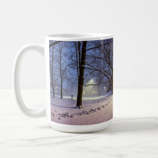 Street lights and covered in snow trees coffee mug (Left)
