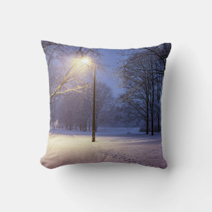 Street lights and covered in snow trees throw pillow
