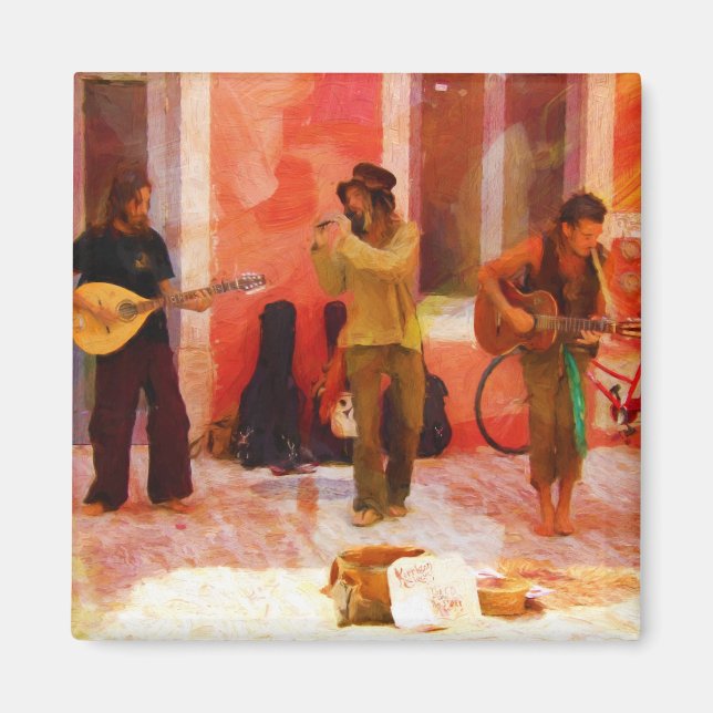 Street Musicians Playing Guitar Mandolin and Flute Magnet (Front)