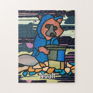 Street Raccoon Exploring Through A Trash Can   Fun Jigsaw Puzzle