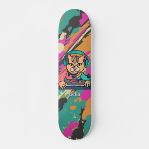 Street Retro Cat with Headphones Funny Skateboard