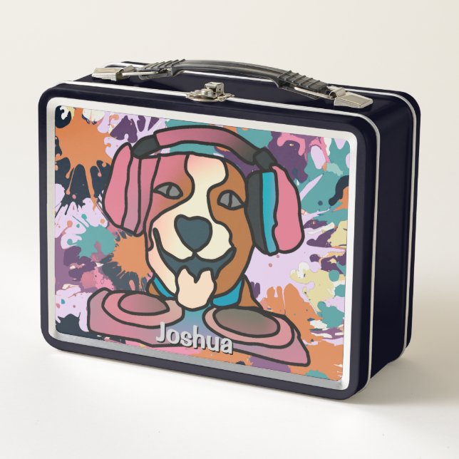 Street Retro Dog with Headphones | Funny  Metal Lunch Box (Front)