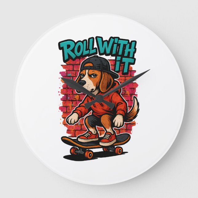 Street Style Beagle Skateboarding Graffiti Art Large Clock (Front)