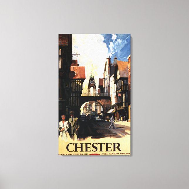 Street View with Couple & Tower Clock Rail Canvas Print (Front)