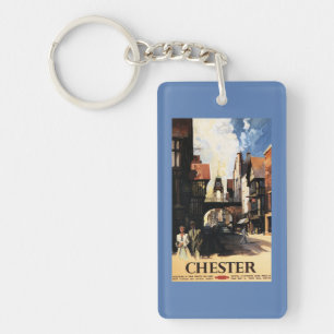 Street View with Couple & Tower Clock Rail Keychain