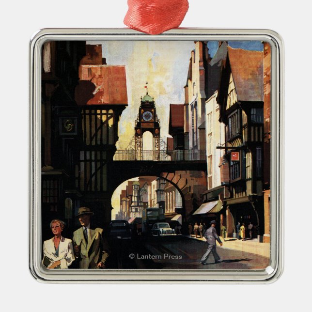 Street View with Couple & Tower Clock Rail Metal Ornament (Front)