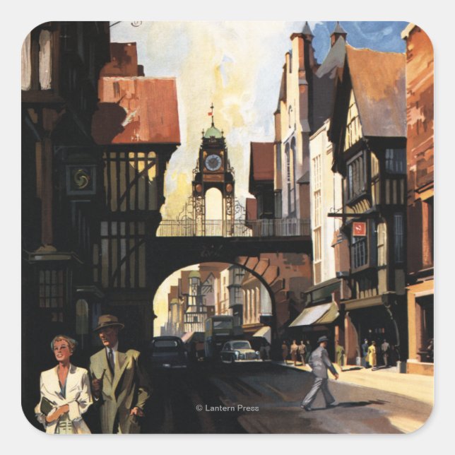 Street View with Couple & Tower Clock Rail Square Sticker (Front)