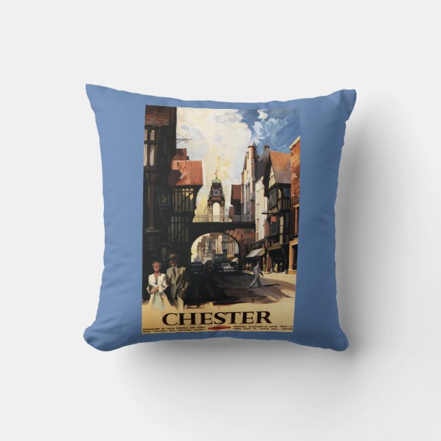 Street View with Couple & Tower Clock Rail Throw Pillow (Front)