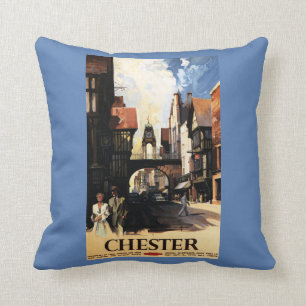 Street View with Couple & Tower Clock Rail Throw Pillow