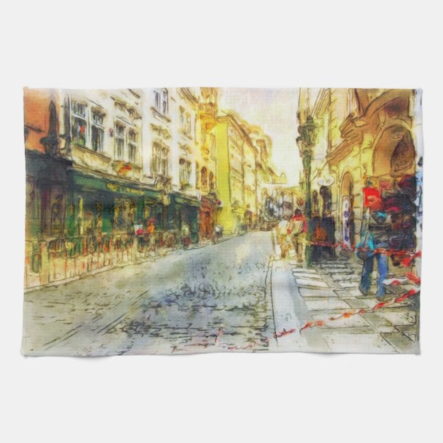 Streets of Old Prague watercolor Kitchen Towel (Horizontal)
