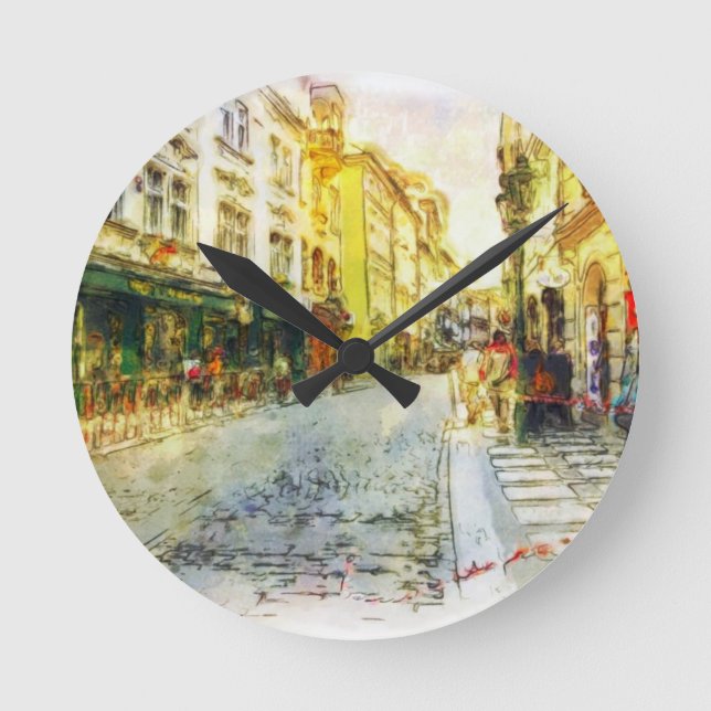Streets of Old Prague watercolor Round Clock (Front)